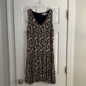 LOFT Black Floral V-Neck Midi Dress with Pink & Cream Flowers